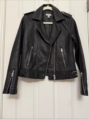 Topshop Black Faux Leather Moto Jacket with Silver Hardware